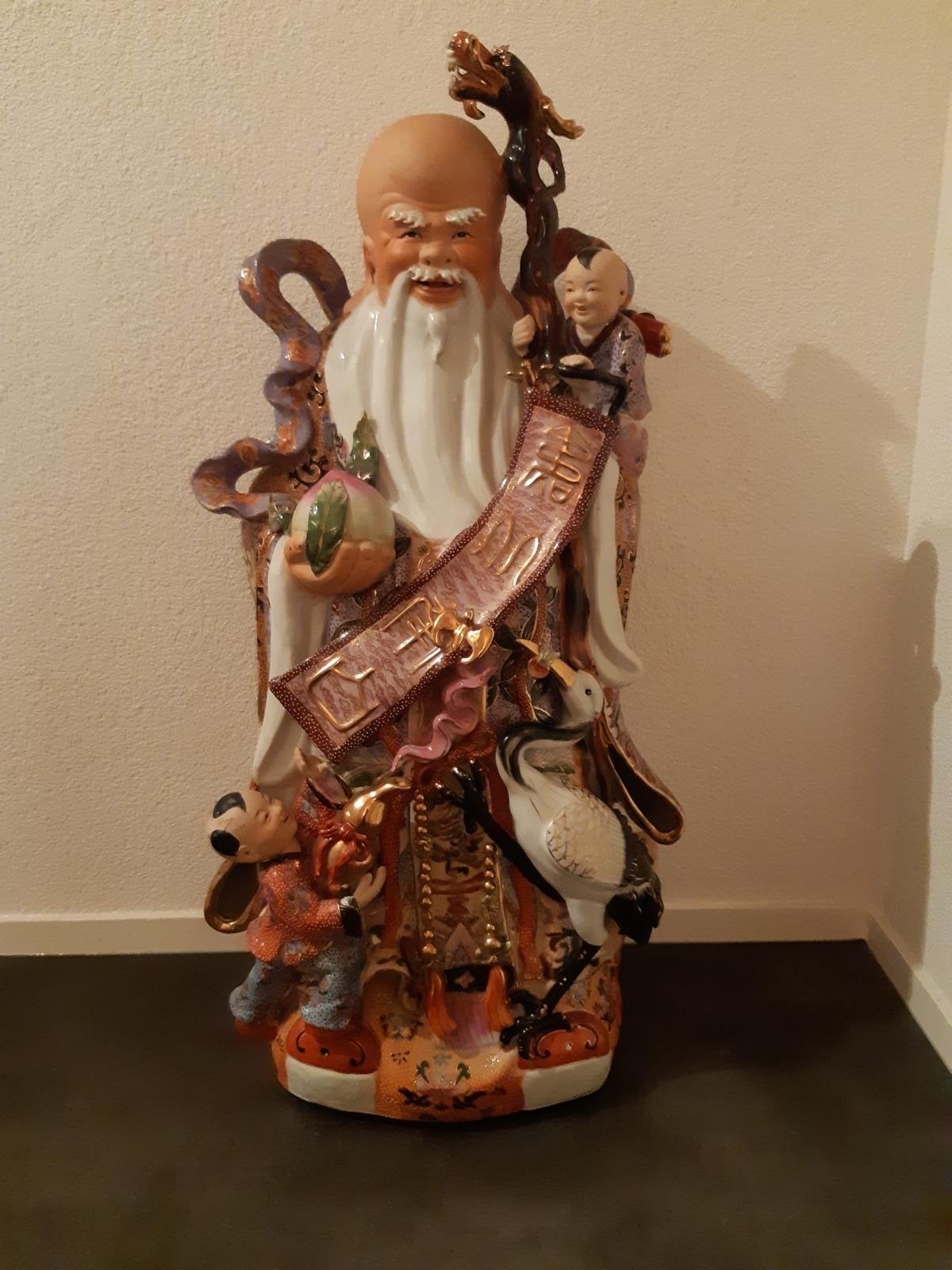 Groot Chinees beeld van Shou Xing met kinderen en kraanvogel, Verzamelen, Ophalen, Gebruikt, Overige typen