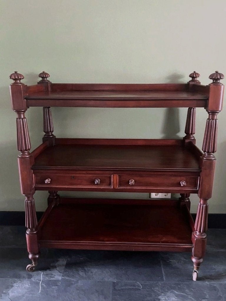 Antieke Engelse mahonie wandtafel / etagère, Ophalen