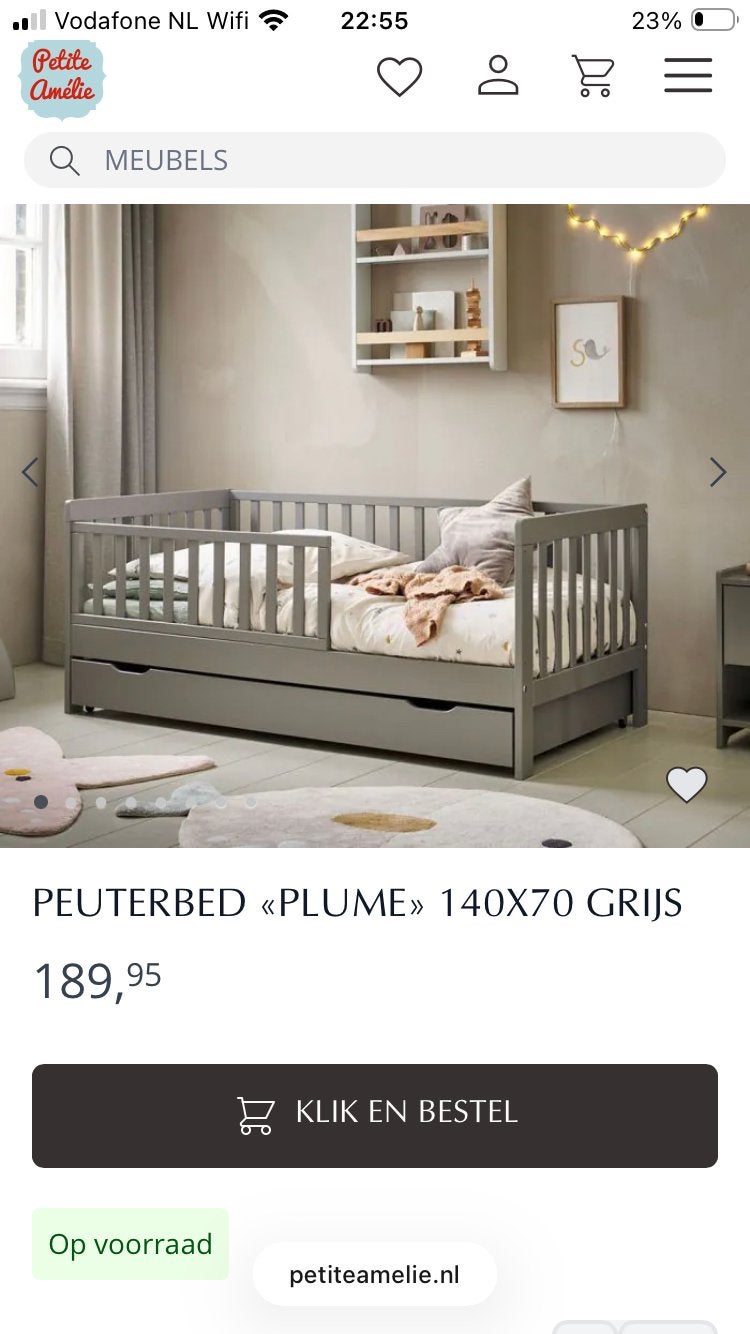 Petit Amelie peuterbed 140x70 cm met matras en toebehoren, Ophalen, Gebruikt, 190 cm of minder, Grijs