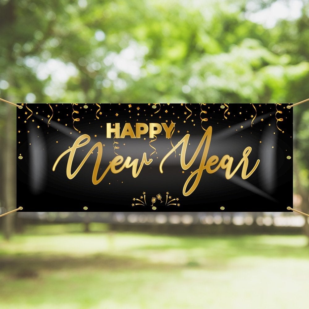 Spandoek Happy New Year – Gouden confetti 150x50cm, Ophalen of Verzenden, Nieuw, Feestartikel, Overige