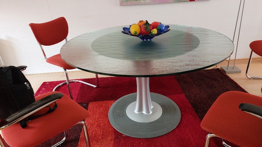 Leolux LX ronde glazen tafel met boom voet in silver, Ophalen, Rond, Zo goed als nieuw, Glas