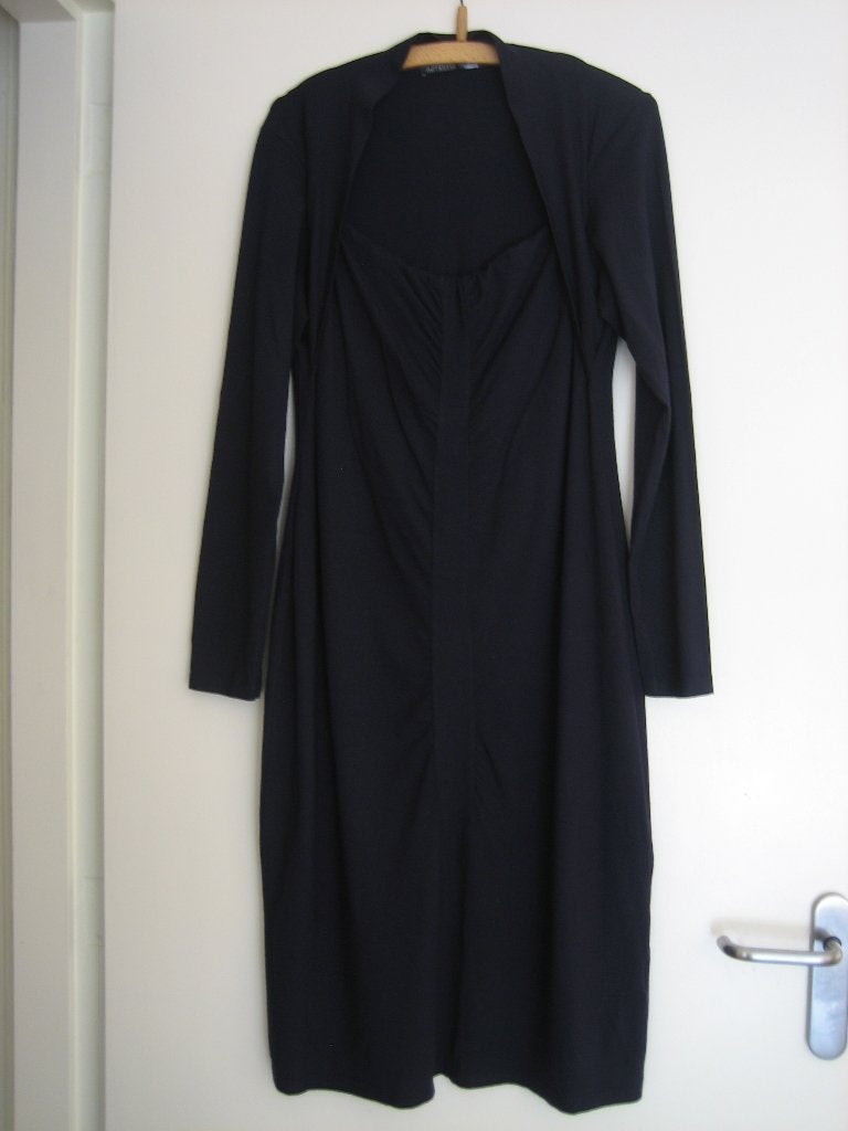 Nachtblauw jurk met vaste bolero JUFFROUW JANSEN 40 snazzeys, Maat 38/40 (M), Zo goed als nieuw, Juffrouw Jansen, Onder de knie