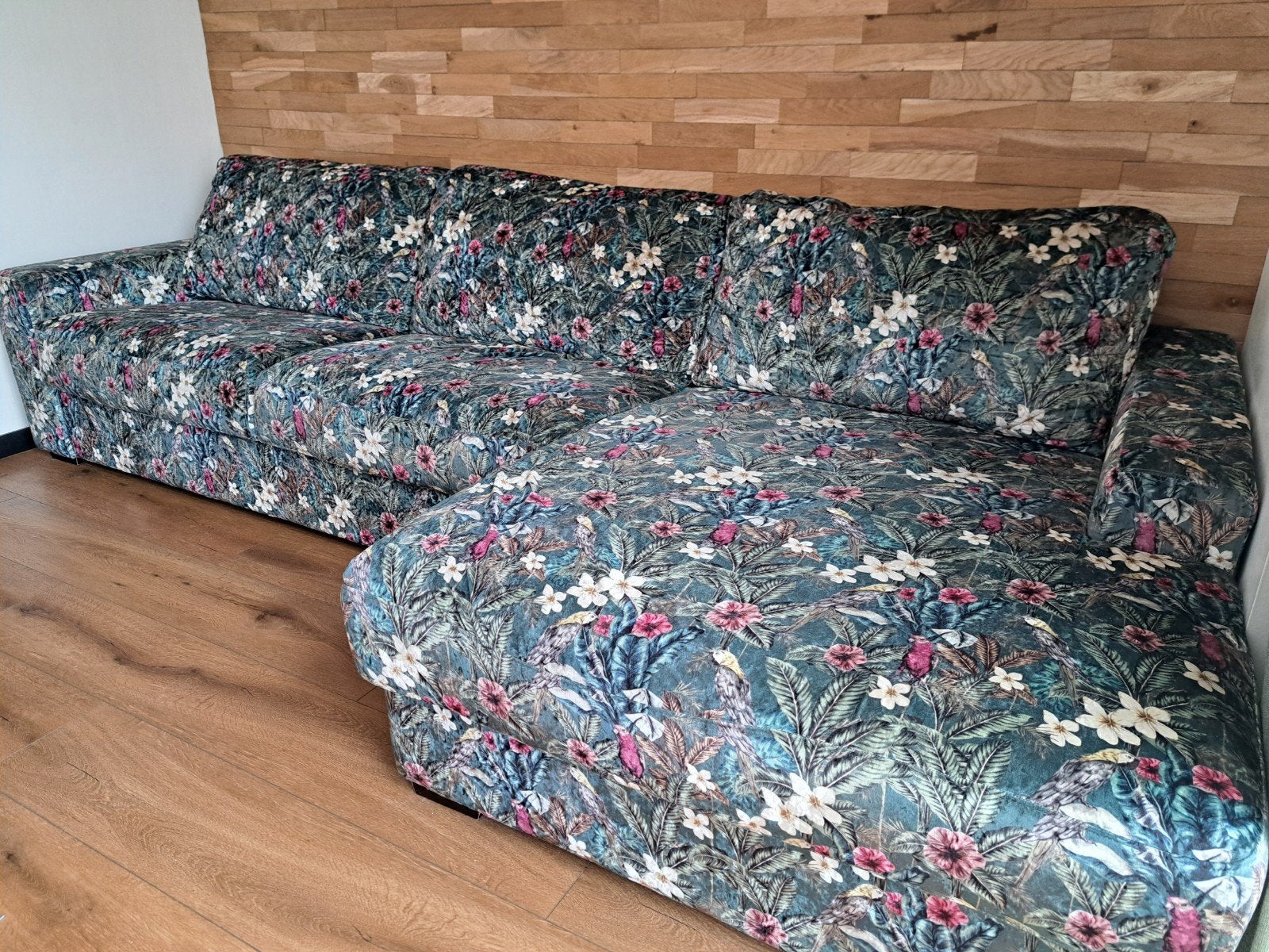 Hoekbank met tropische print, Overige maten, Hoekbank, 300 cm of meer, Zo goed als nieuw