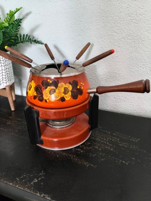 Vintage fonduestel oranje bruin geel bloemen, Huis en Inrichting, Gebruikt, Overige typen, Ophalen of Verzenden, Emaille