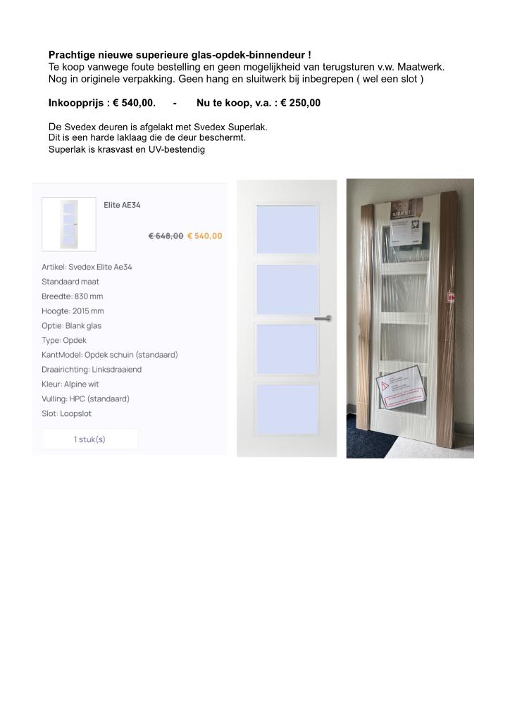 Nieuwe opdek-glas-binnendeur v. prijs v. oude 2e-handsdeur !, Doe-het-zelf en Verbouw, Deuren en Horren, Ophalen, 80 tot 100 cm