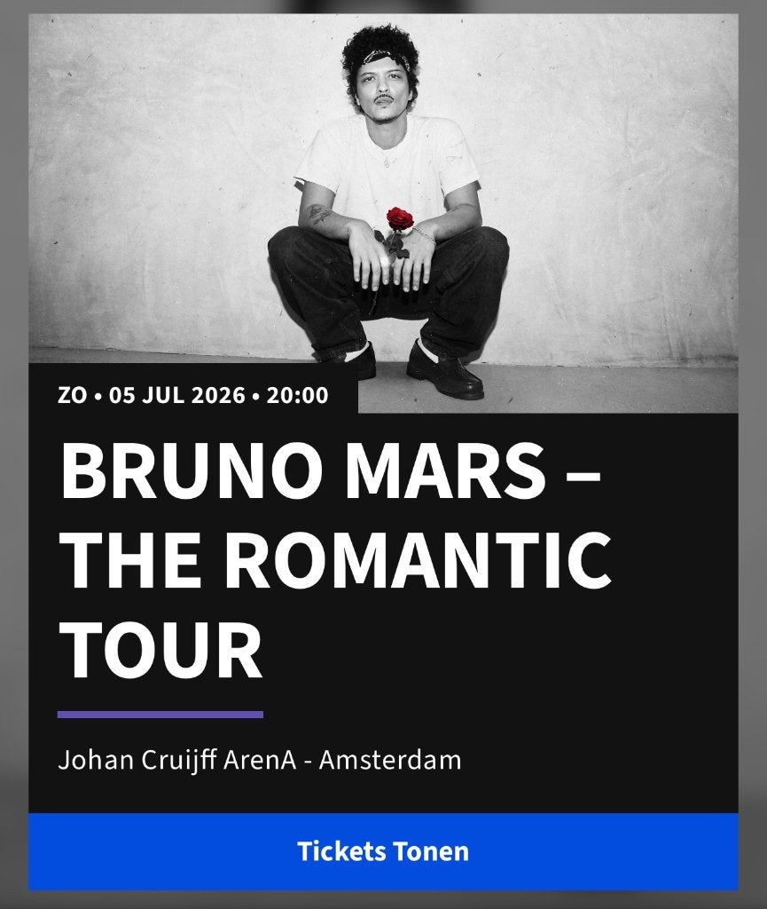 Bruno mars ticket, Tickets en Kaartjes, Eén persoon, Juli