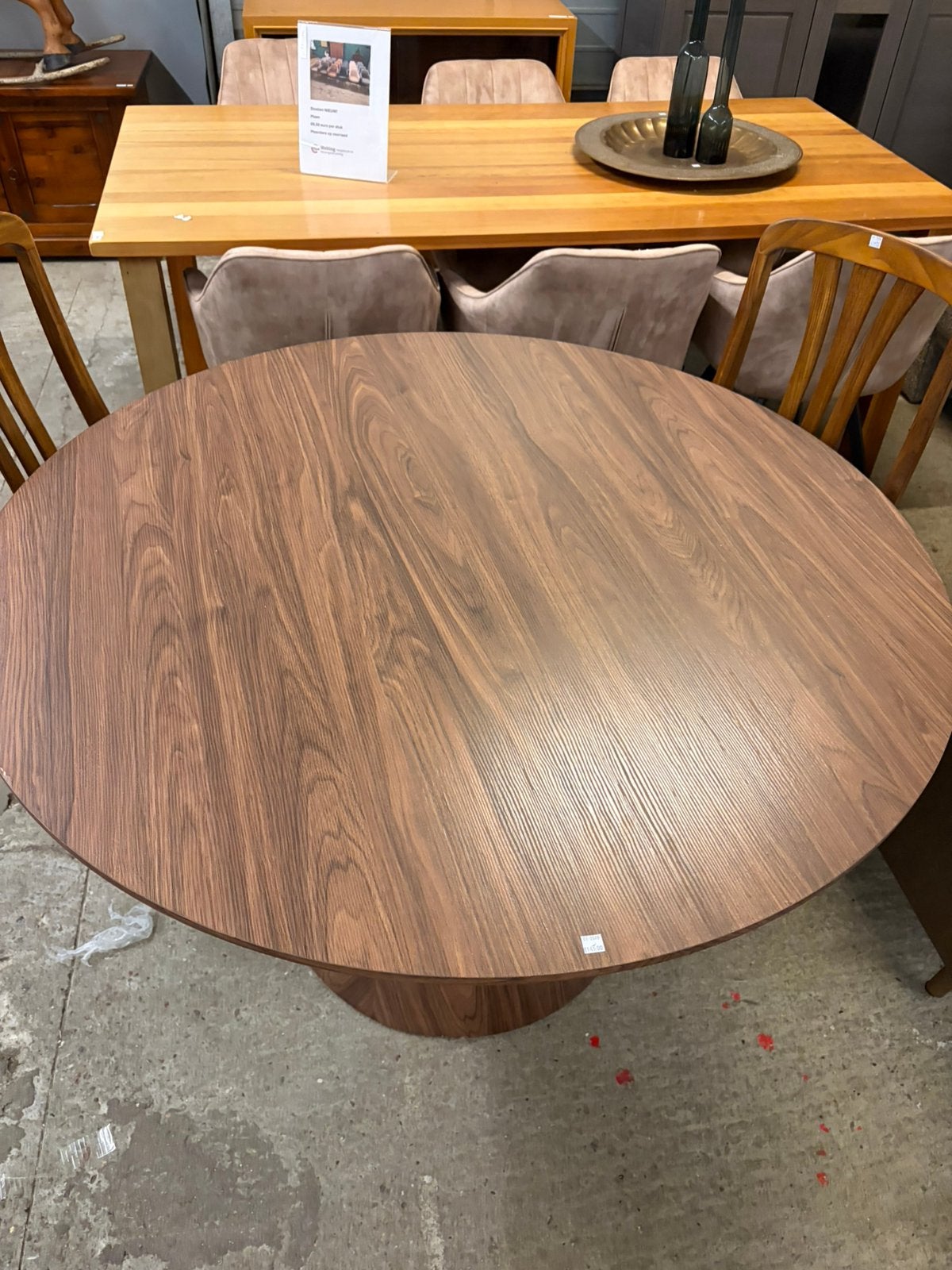 Ronde eettafel 120x76cm walnootfineer met een kegelpoot, Ophalen, 100 tot 150 cm, ., Rond