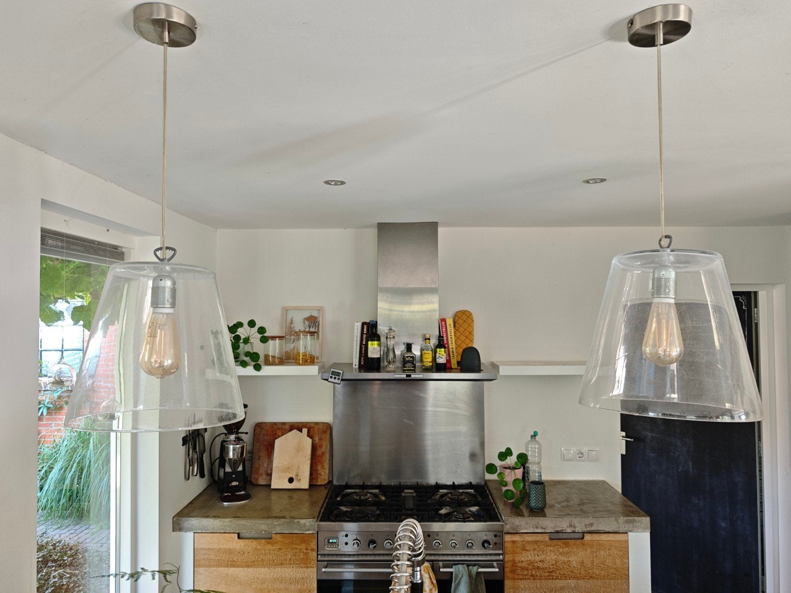 Set van 2 glazen hanglampen - Modern design, Huis en Inrichting, Lampen | Hanglampen, Ophalen, Gebruikt, E27 (groot), Glas