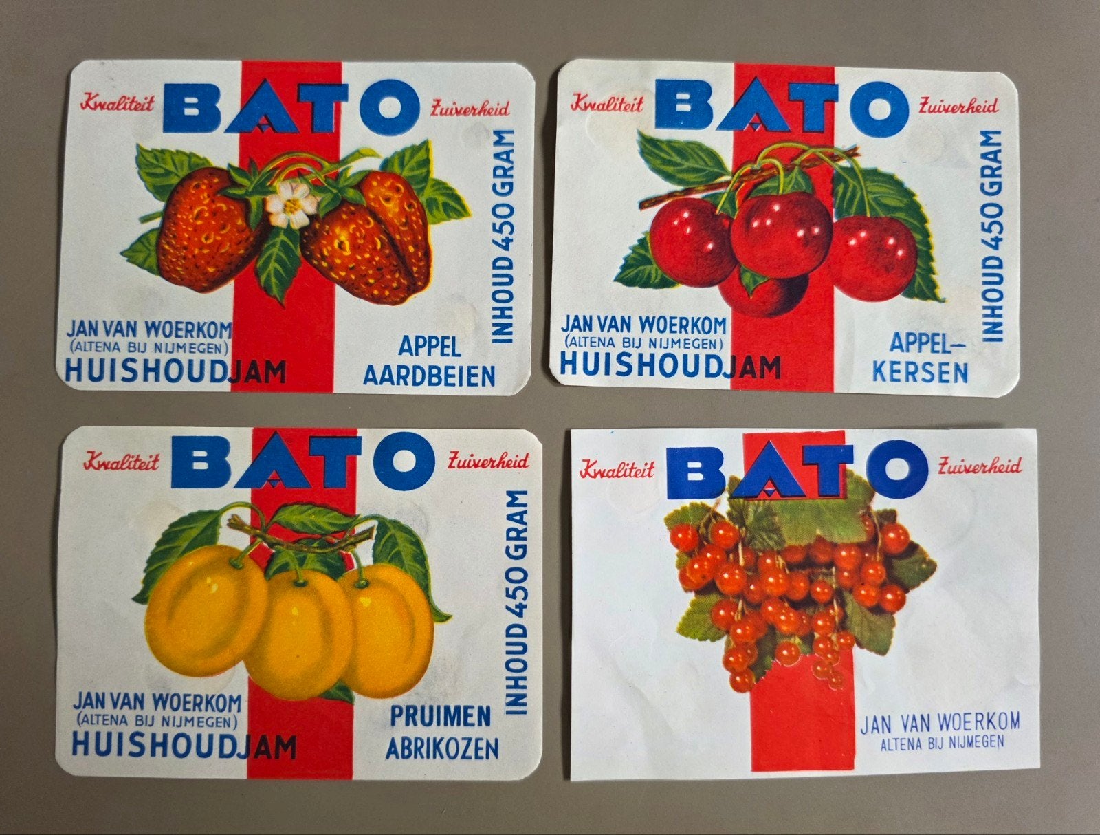 086) 4 ORIGINELE ETIKETTEN BATO JAN VAN WOERKOM NIJMEGEN, Verzenden, Gebruikt, Overige typen