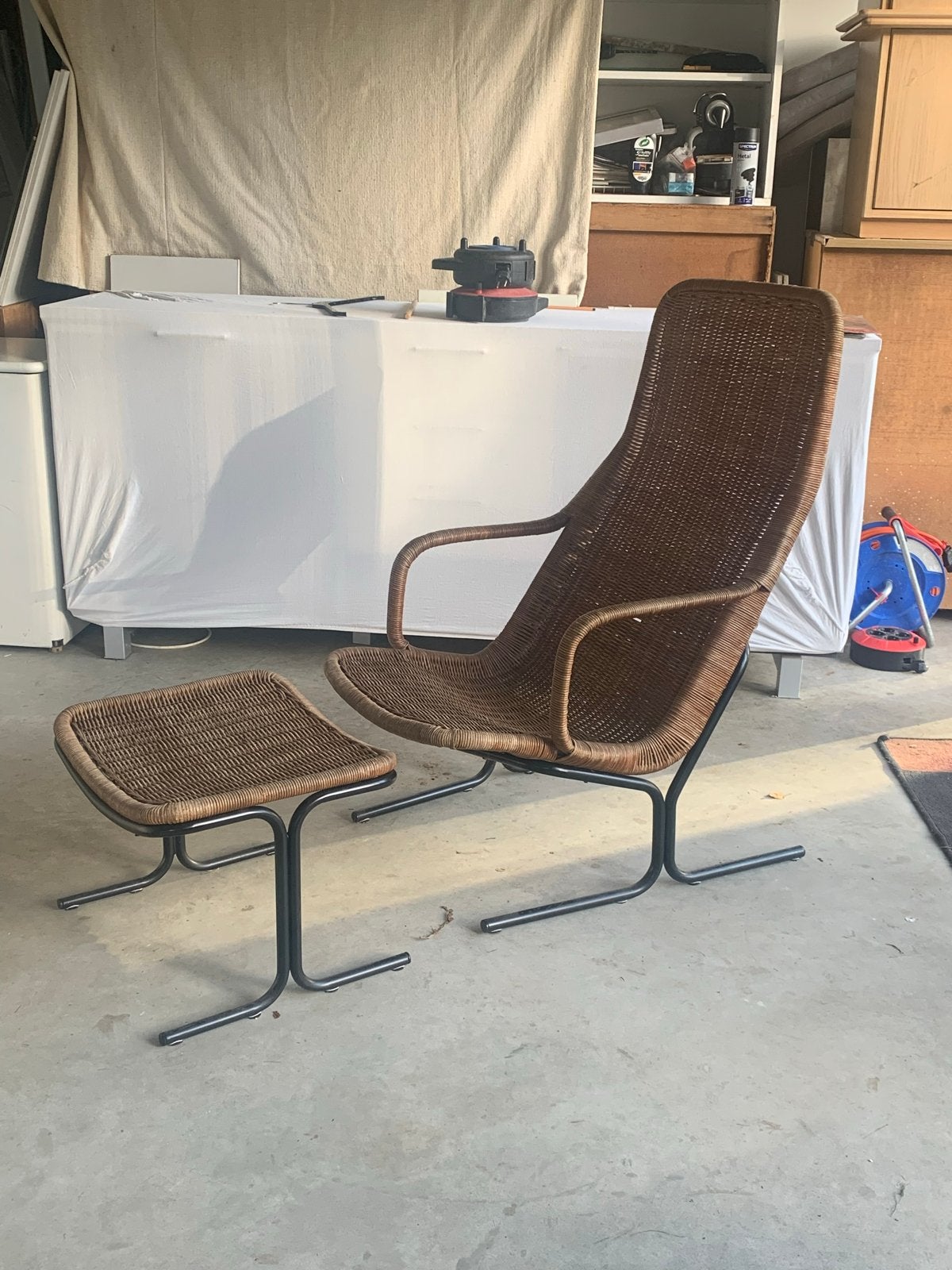 Vintage rotan fauteuil. Sliedregt 514. Zeldzaam met hocker !, Gebruikt, Bruin, Riet of Rotan, Ophalen of Verzenden