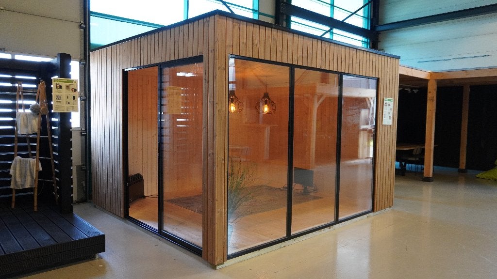 Azalp Tuinkantoor Lomond 375x330 cm Thermowood, Ophalen, 200 tot 400 cm, 250 tot 500 cm, Zo goed als nieuw
