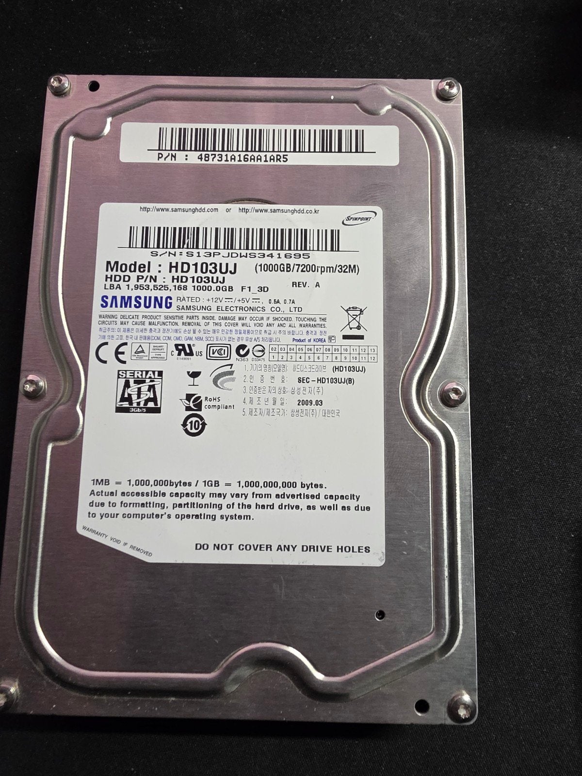 Samsung HD103UJ 1TB HDD - Interne SATA Harde Schijf, Computers en Software, Intern, Gebruikt, Server, Ophalen of Verzenden