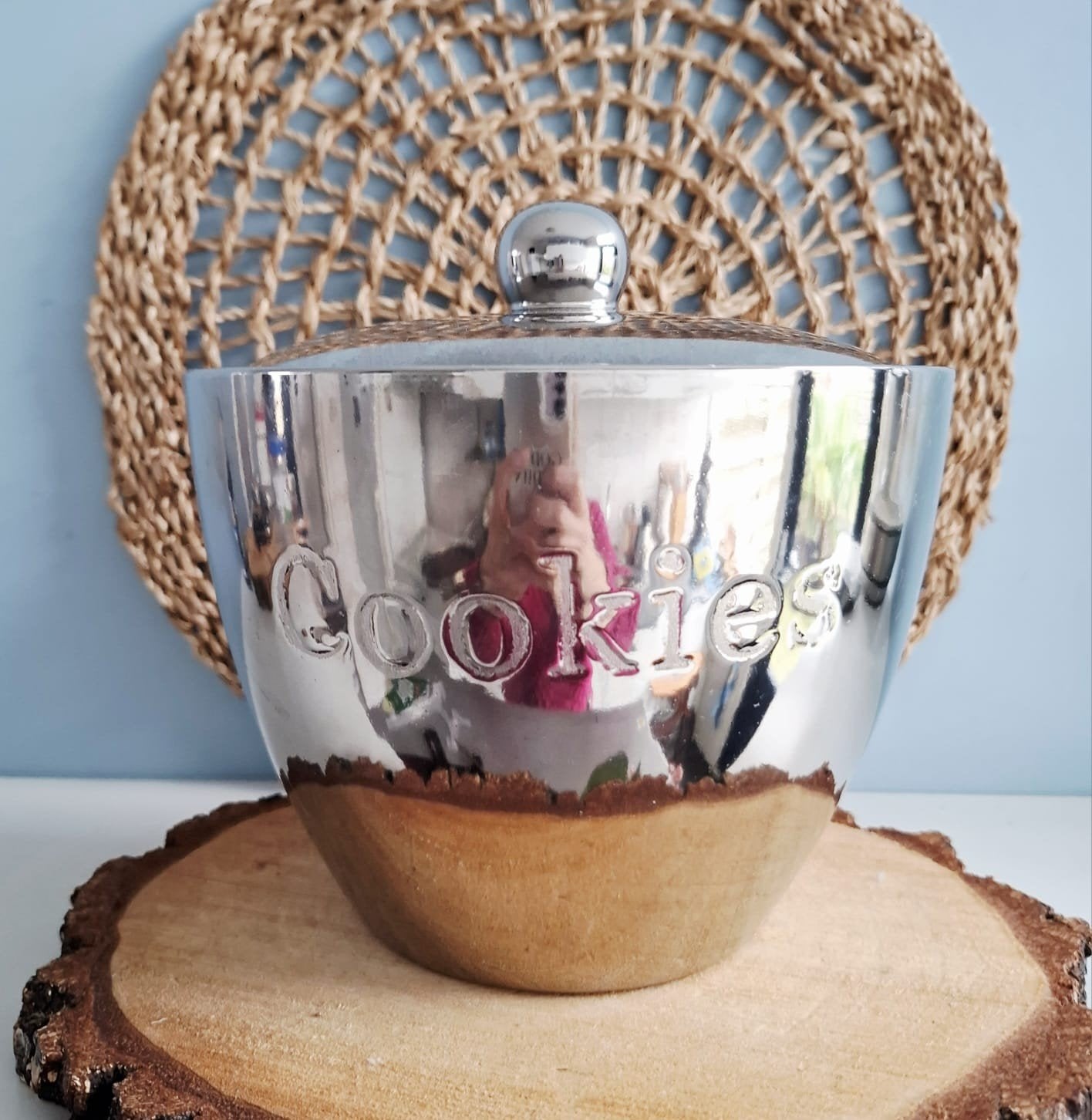 "Cookies" pot van RVS met porseleinen binnenkant, Zilver, Ophalen of Verzenden, Zo goed als nieuw, Voorraadpot