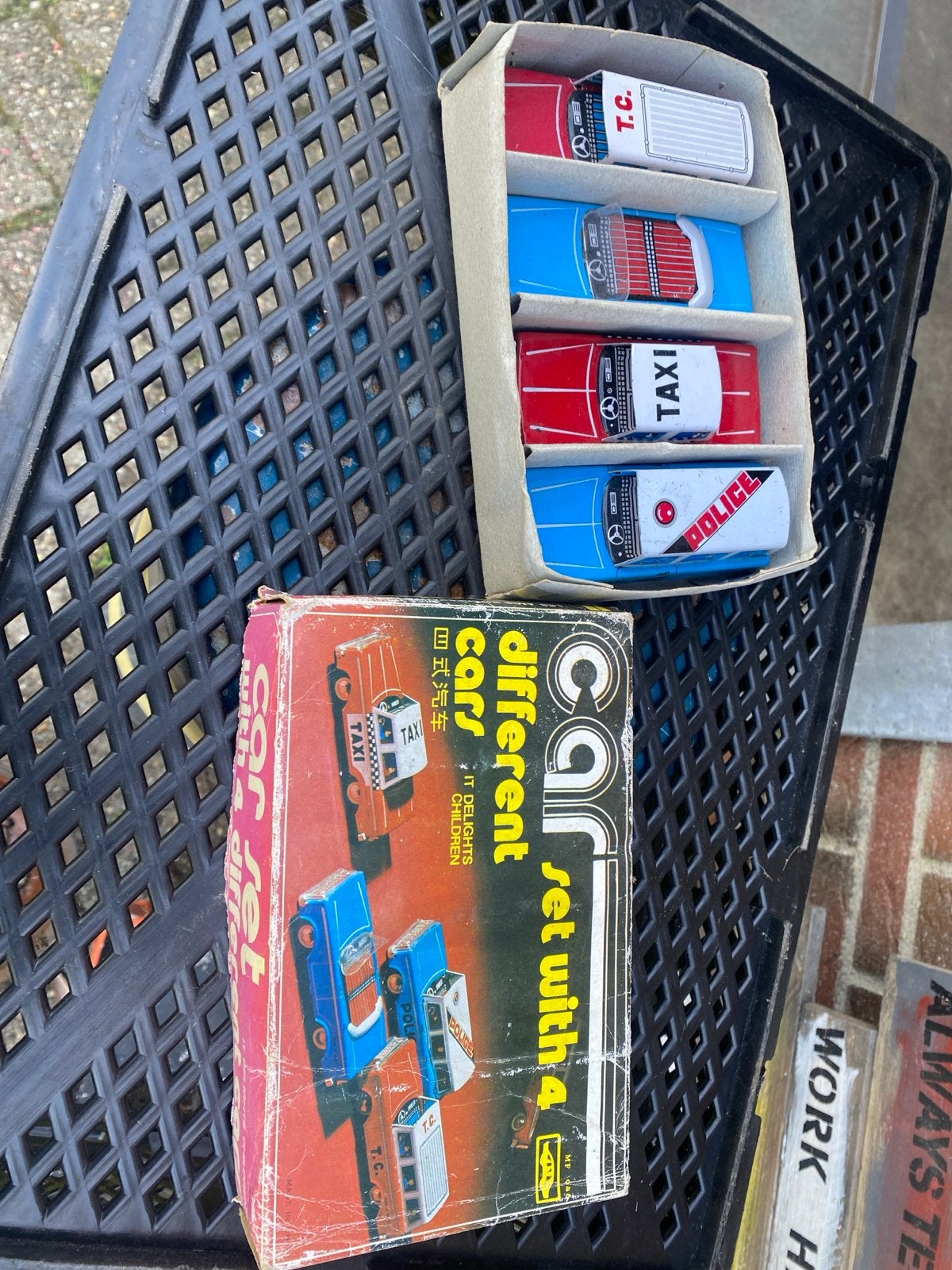 Vintage blikken speelgoedauto's set van 4 in doos, Ophalen of Verzenden, Gebruikt, Auto's