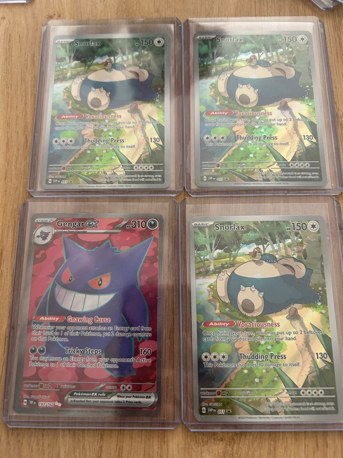 3x Snorlax Promo Pokémon 151 & Gengar Temporal Forces, Ophalen of Verzenden, Zo goed als nieuw, Meerdere kaarten