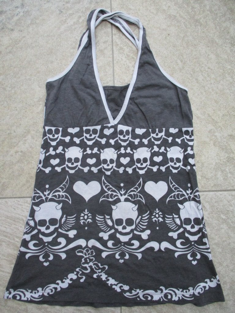 Bershka grijs doodskop topje maat 28 = XS singlet shirt, Zo goed als nieuw, Zonder mouw, Maat 34 (XS) of kleiner, Grijs