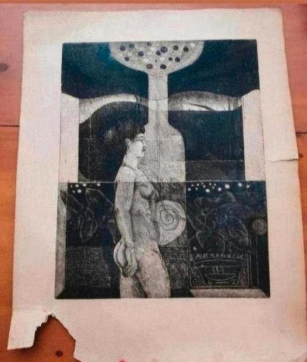 Vintage Ets: Vrouwenfiguur Abstracte Elementen, 1968, Portret, Ophalen of Verzenden, Gesigneerd, 1950 - 1999