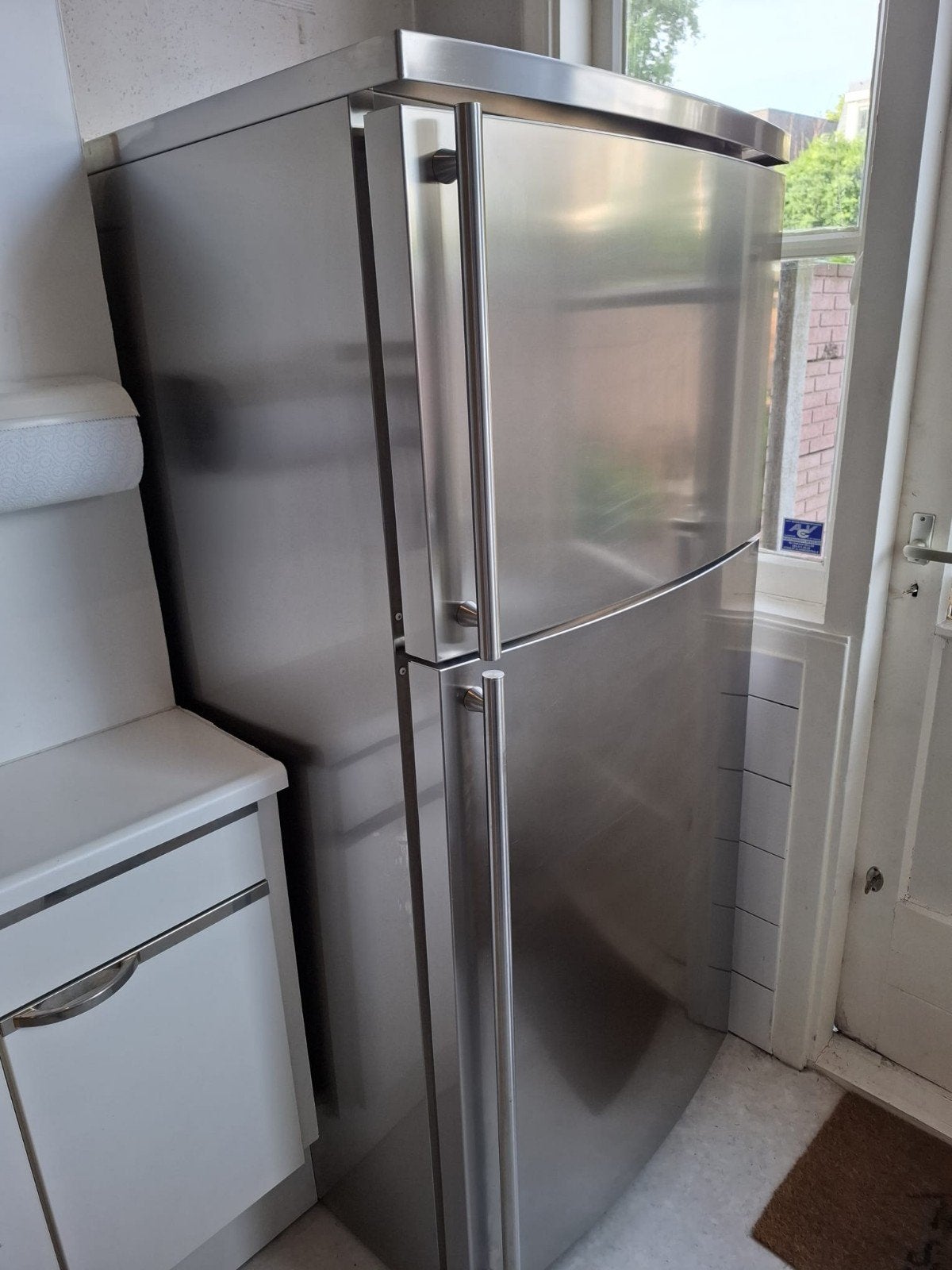 RVS Koelkast met vriesvak - General Electric, Witgoed en Apparatuur, Koelkasten en IJskasten, Ophalen, Gebruikt, 200 liter of meer