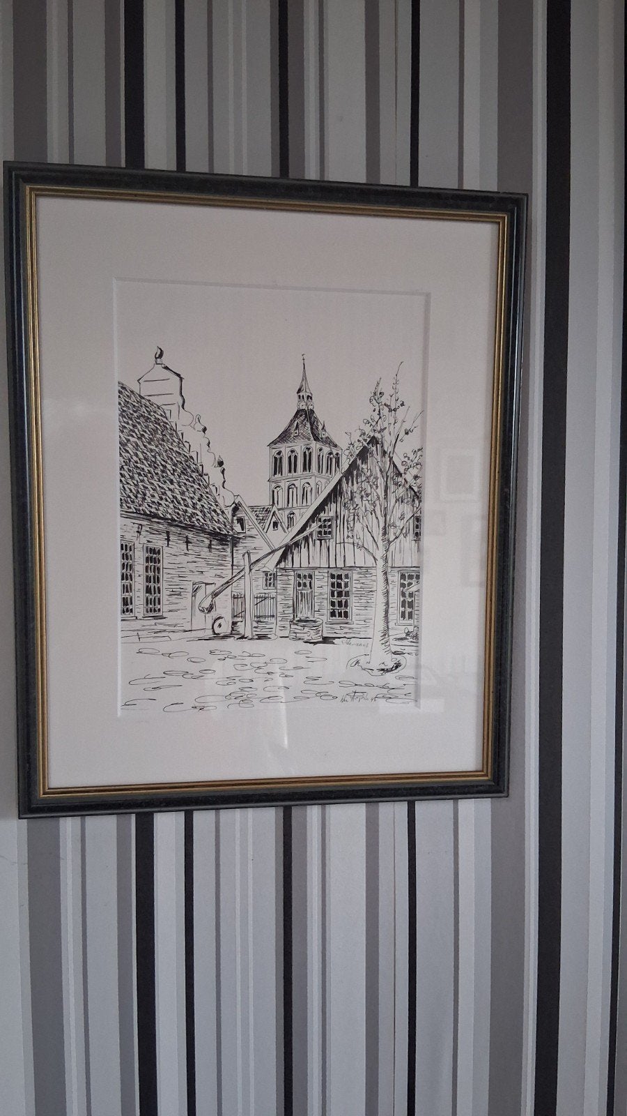Ingelijste pentekening van drenthe, Ophalen, Tekening, Pentekening, Ingelijst