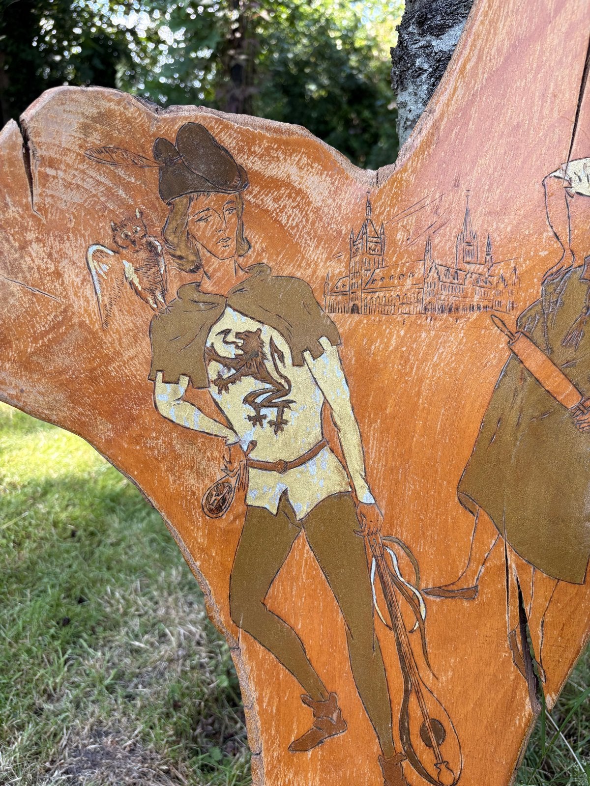 Willy Dewilde - Tijl Uilenspiegel & Nele op houtschijf (1968, Wanddecoratie, Scène, Hout, Europa