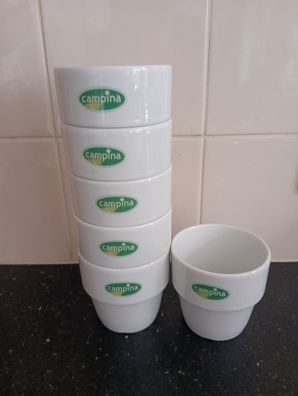 6 vintage Campina bekers, Gebruikt, Keramiek, Vintage, Ophalen of Verzenden