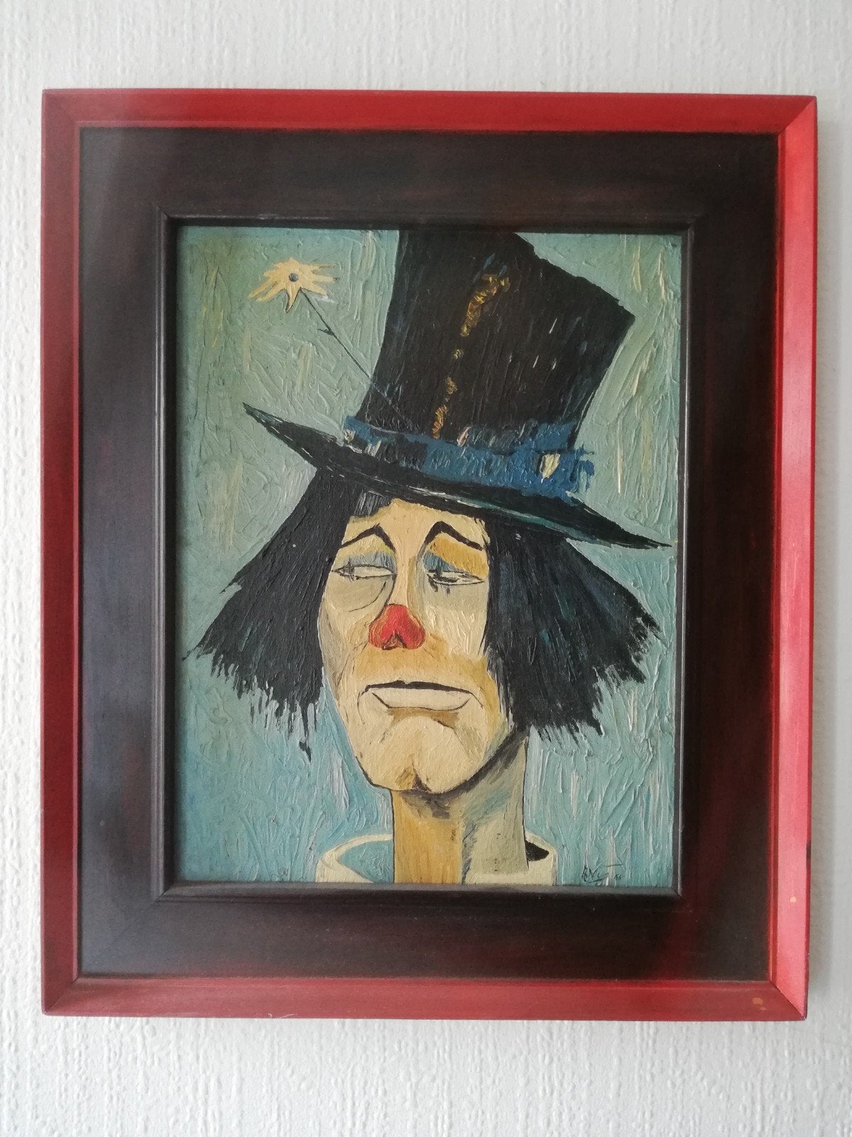 Olieverfschilderij trieste clown met hoge hoed., Antiek en Kunst, Doek, Portret of Personen, Expressionistisch, Ophalen of Verzenden