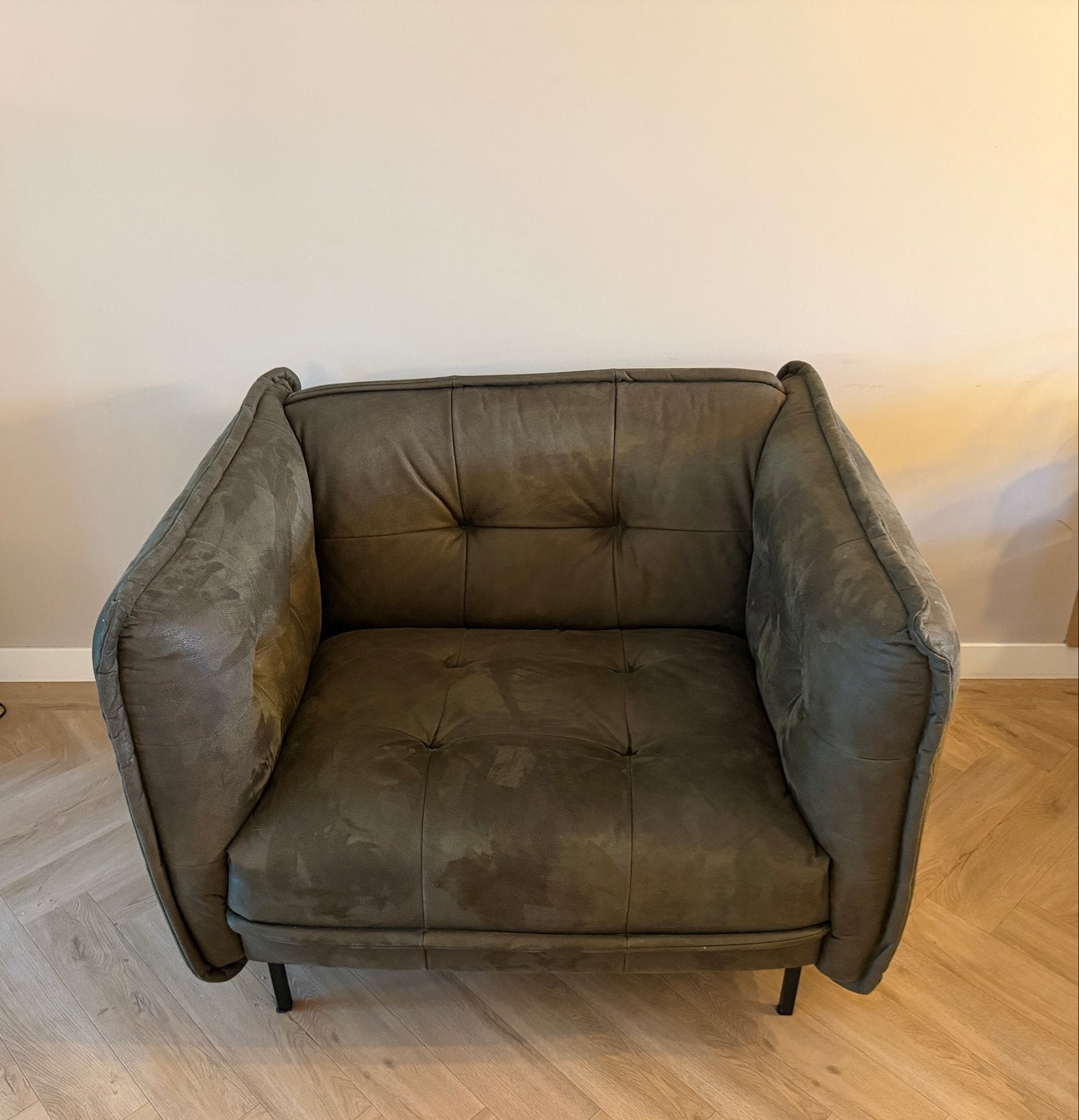 Comfortabele fauteuil in donkergroen kunstleer, Ophalen, Gebruikt, Minder dan 75 cm, Leer