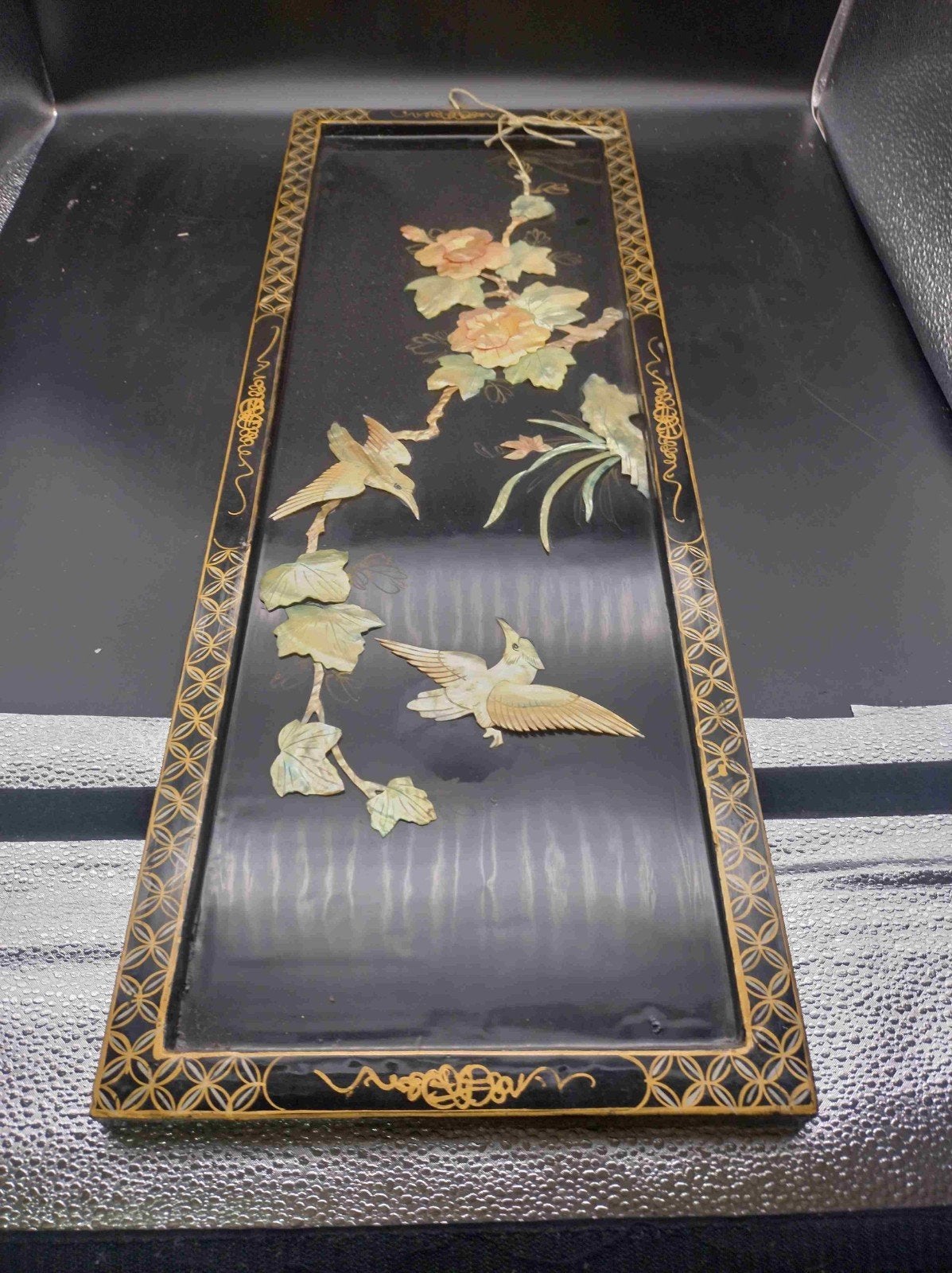 Japans/Aziatisch lakpaneel parelmoer inleg Vogels & Bloemen, Gebruikt, Oosters, Zwart, Ophalen of Verzenden