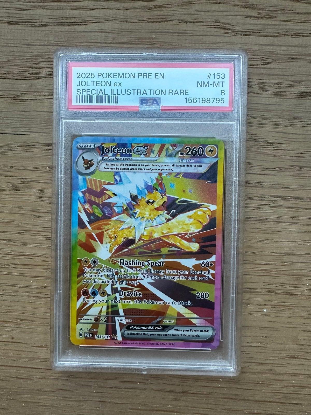 Jolteon ex Special Illustration Rare PSA 8 Pokémon kaart, Ophalen of Verzenden, Zo goed als nieuw, Losse kaart, Foil