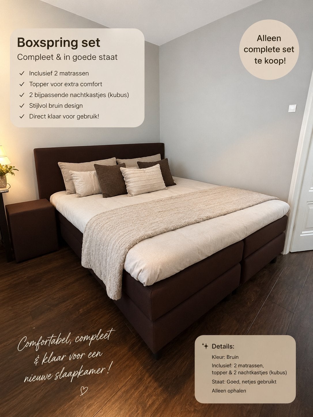 Complete Boxspring Set - Bruin - Zo goed als nieuw, Ophalen, Bruin, Tweepersoons, Zo goed als nieuw