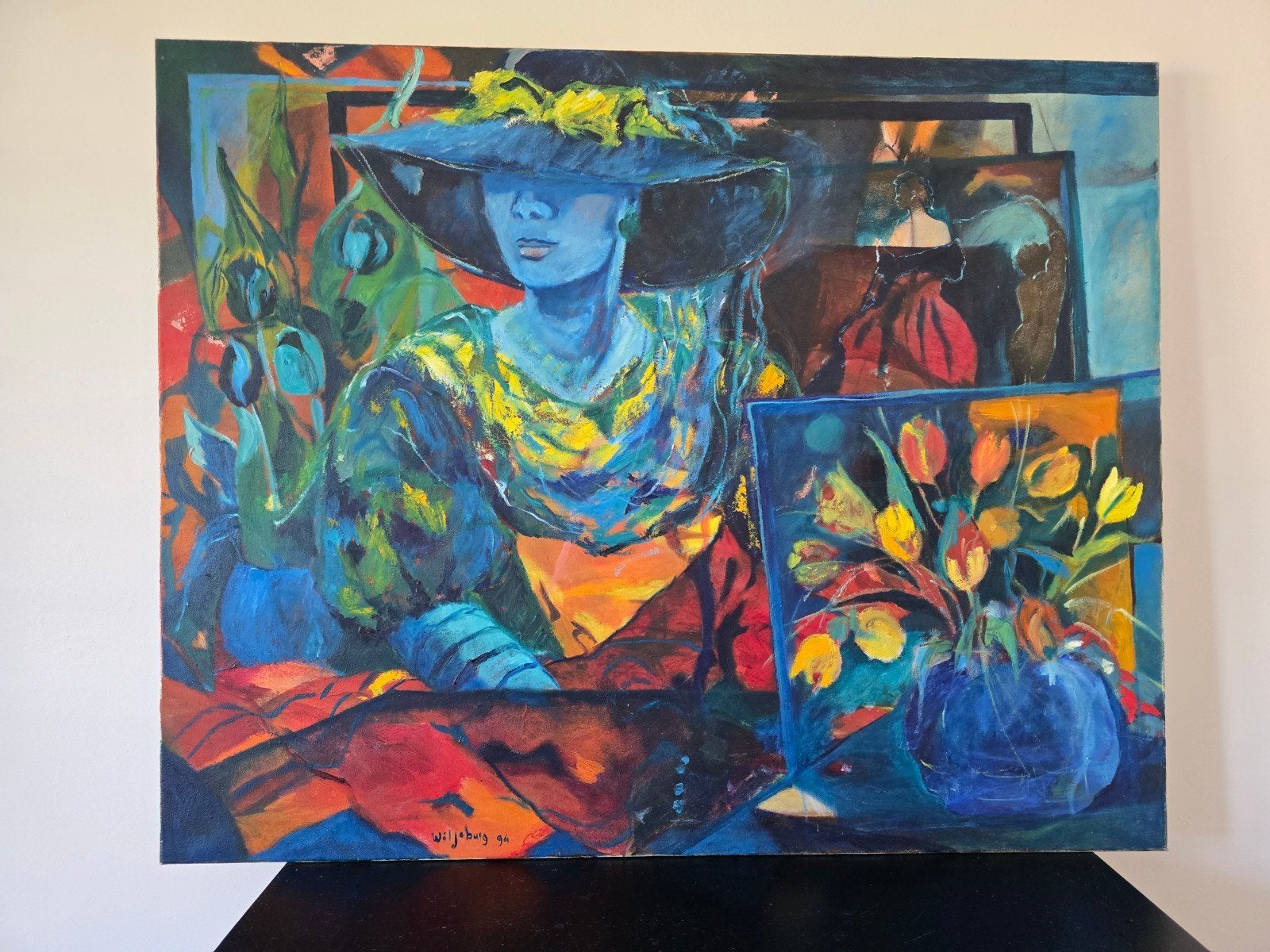 Kleurrijk schilderij, Figuren, Ophalen of Verzenden, Op houten frame, Olieverf