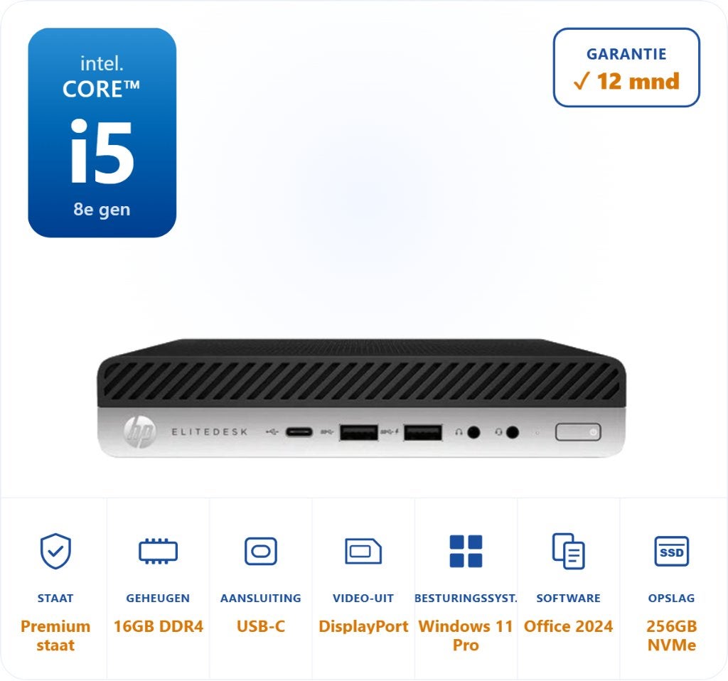 HP Elitedesk 800 G4 mini i5-8500T 16GB 256GB NVMe Office 24, HP Elitedesk, HP, ., Ophalen of Verzenden