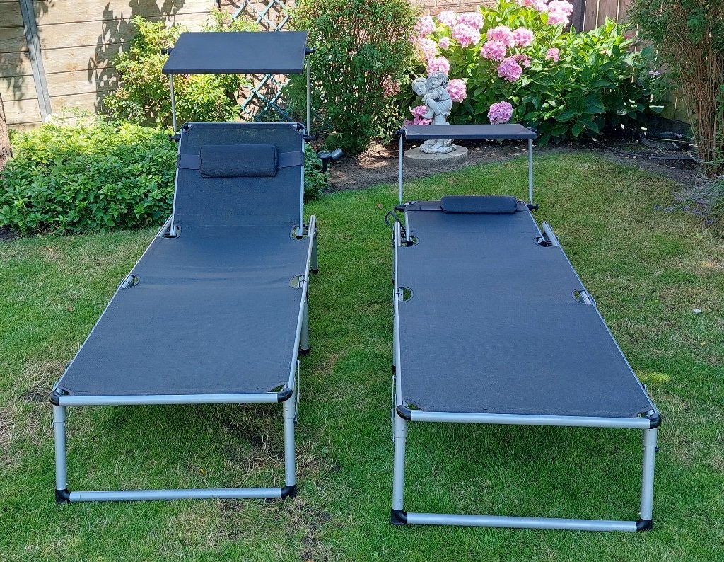 2 solide ligbedden met instelbare hoofdsteun en zonnedak, Tuin en Terras, Ophalen, Zo goed als nieuw, Aluminium, Verstelbaar