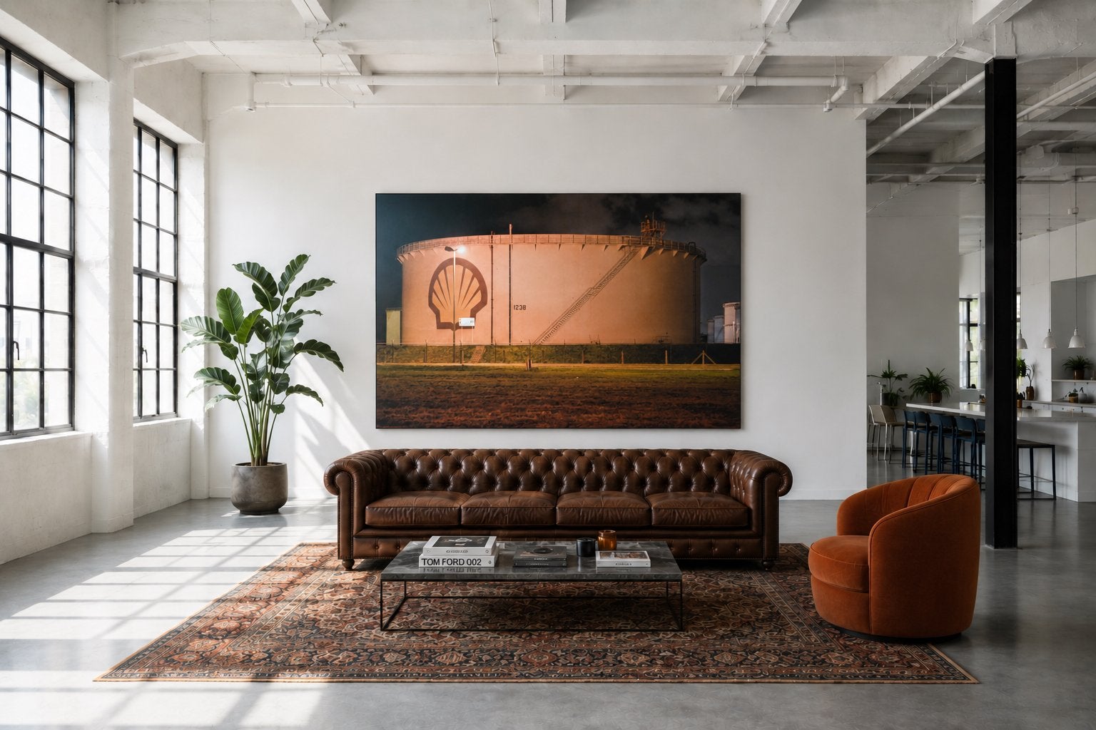 Kunstfoto Shell tank Pernis bij nacht 90x130 cm op 5mm Forex, Ophalen, Foto, Fotografie