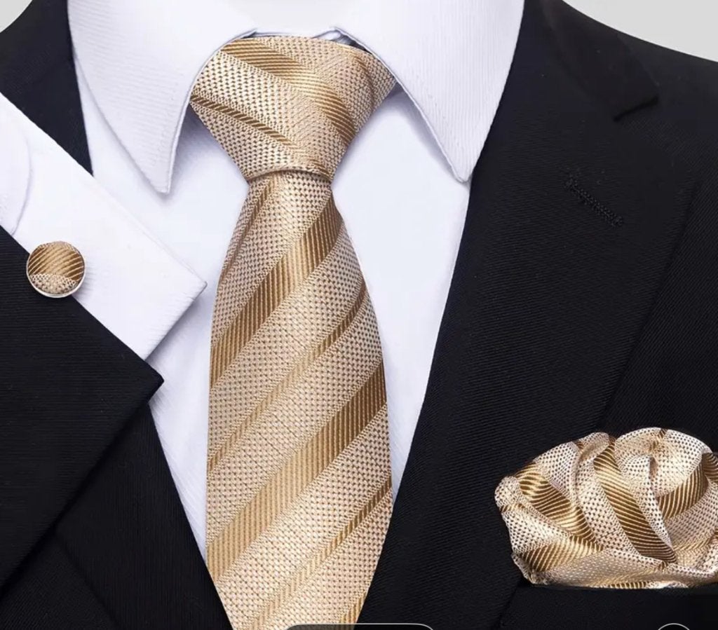 Stropdas Pochet Manchetknopen Beige Goud handgeweven -NIEUW-, Ophalen of Verzenden, Nieuw, Beige, Met patroon