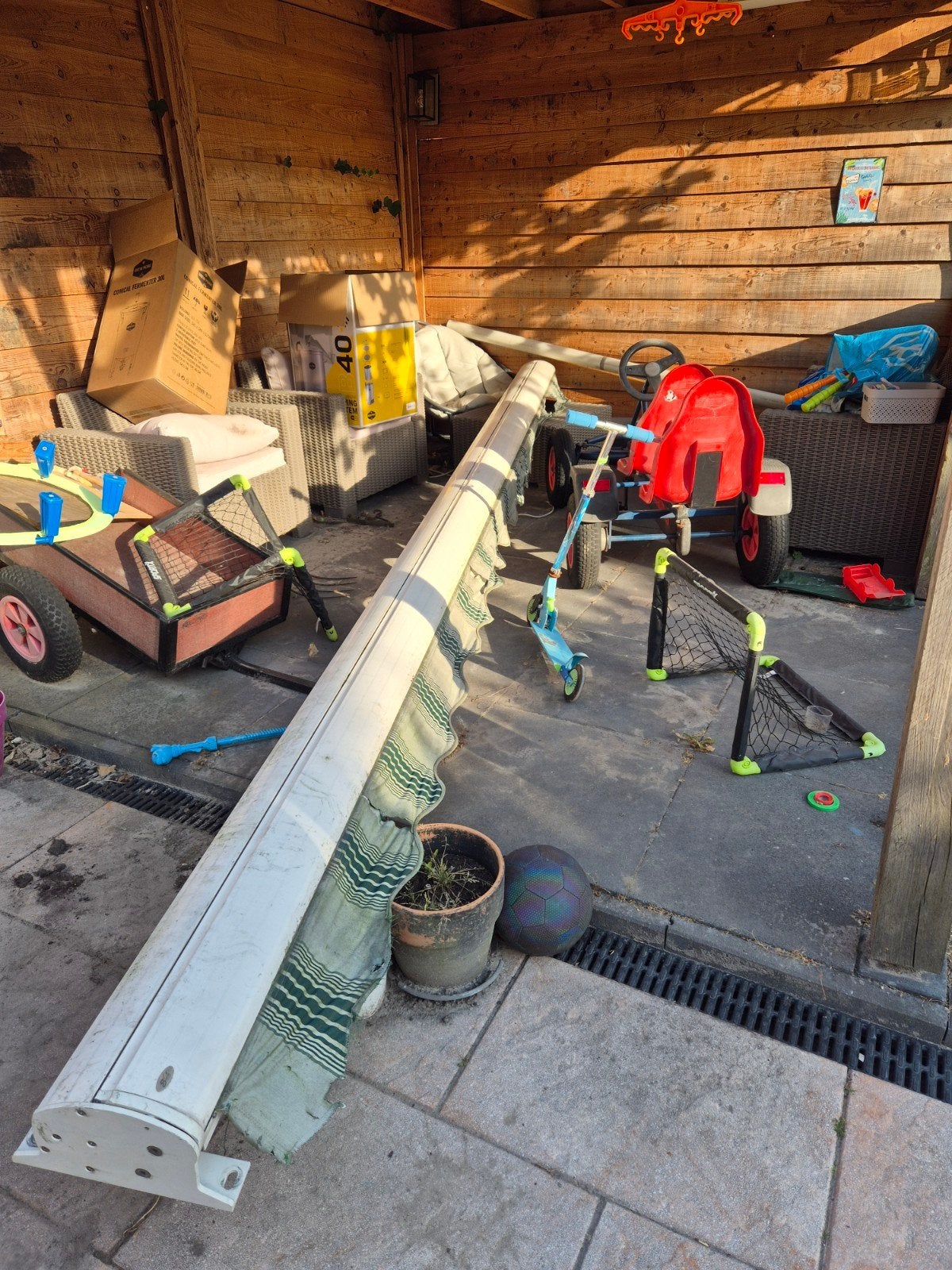 Elektrisch zonnescherm 5 meter, Tuin en Terras, Zonneschermen, Ophalen, Gebruikt, 450 cm of meer, Elektrisch