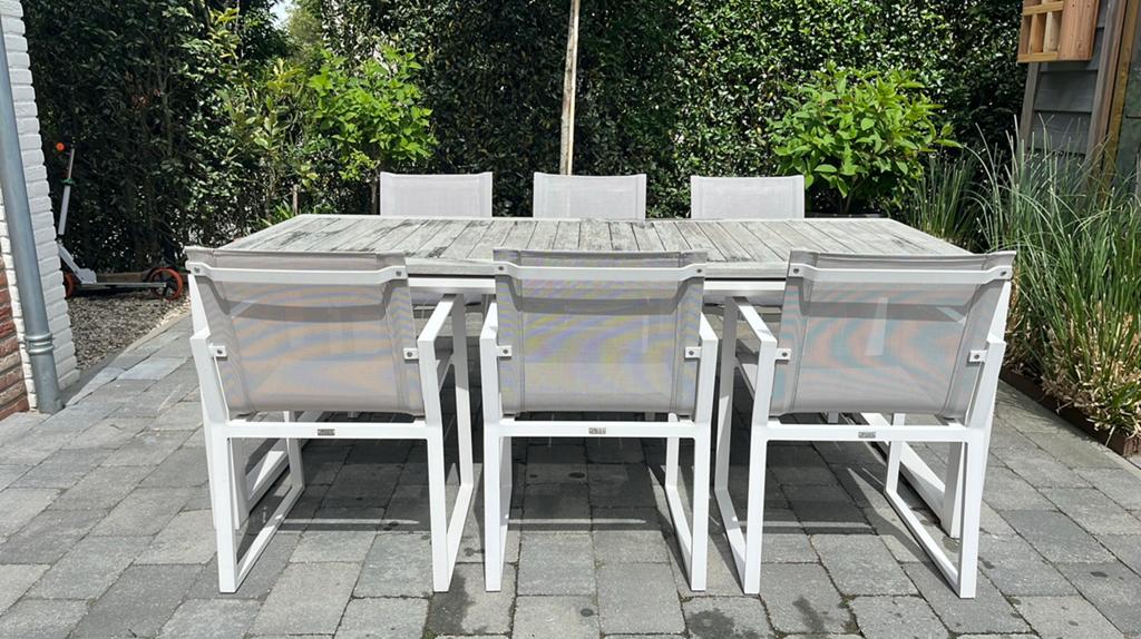 Life tuinset 6 dining eetstoelen en tuintafel aluminum/hout, Tuin en Terras, Tuinsets en Loungesets, Ophalen, Zo goed als nieuw