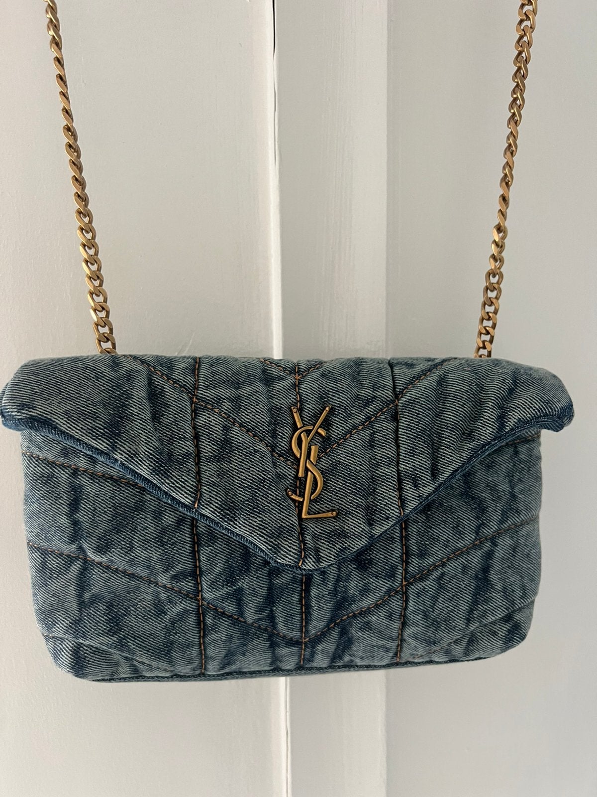 YSL Saint Laurent puff small denim bag, Ophalen of Verzenden, Zo goed als nieuw, Blauw, Schoudertasje