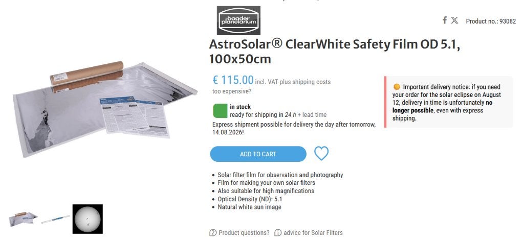 Baader AstroSolar ClearWhite OD 5.1 - Eclipse Bril Folie, Ophalen of Verzenden, Nieuw, Europa