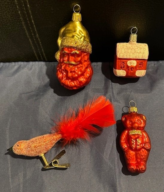 4x oud glazen kerstbal rood - kerstmanhoofd, beertje, huisje, Diversen, Ophalen, Gebruikt