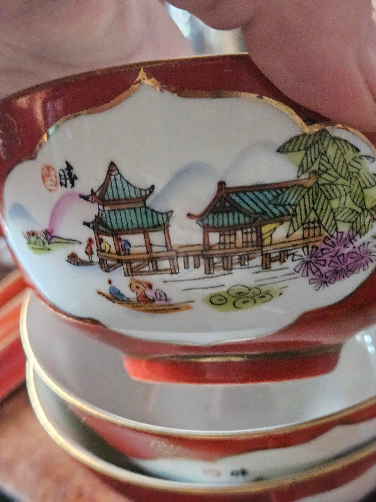 Set van 4 Chinese rijstkommen met lepels, handgeschilderd, Ophalen of Verzenden
