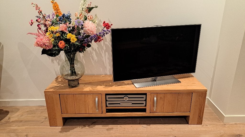 Massief Eiken TV meubel, Huis en Inrichting, Kasten | Televisiemeubels, Ophalen, 150 tot 200 cm, Eikenhout, Zo goed als nieuw