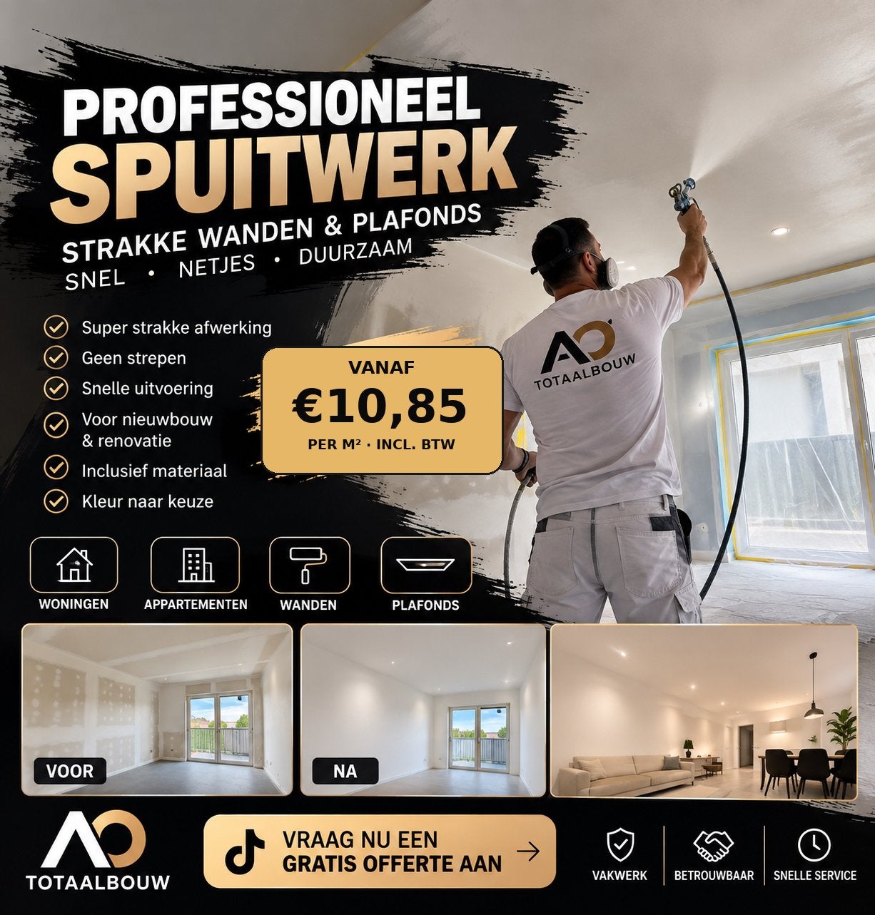 strakke muren. Strak plafond. Zonder gedoe in 1 dag klaar!