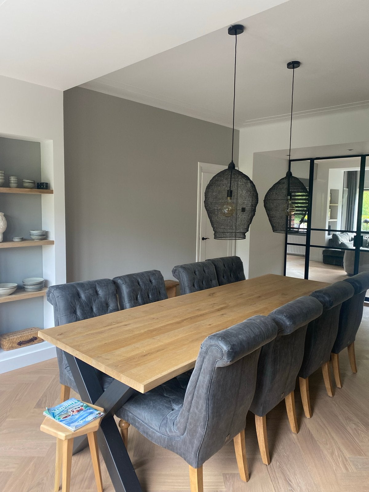Massief eiken eettafel met metalen kruispoten - 300x100 cm, Huis en Inrichting, Ophalen, Gebruikt, 100 tot 150 cm, Eikenhout