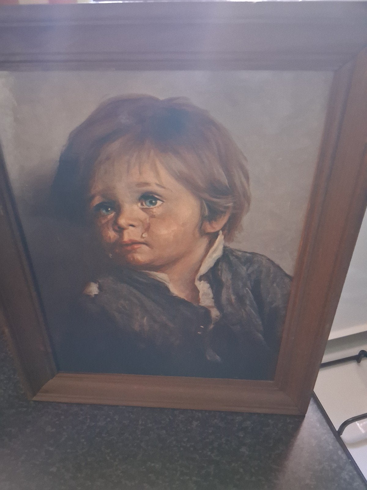 Vintage Schilderij Huilend Jongetje - Ingelijst, Antiek en Kunst, Ophalen, Doek, Portret of Personen, Olieverf