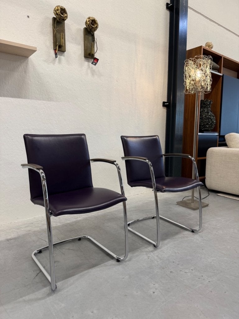 2 als nieuw Leolux Freyr eetkamerstoel Paars leer Stoel, Leolux, Twee, Overige kleuren, Info@leolux.nl
