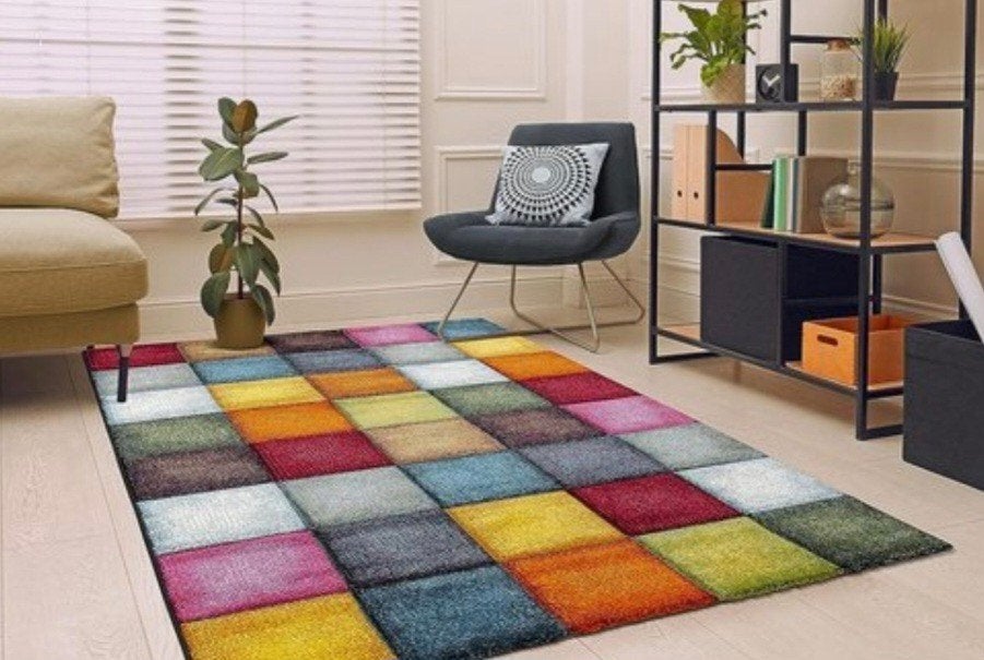Vrolijk veelkleurig karpet met patchwork design, Ophalen, Gebruikt, 150 tot 200 cm, 200 cm of meer
