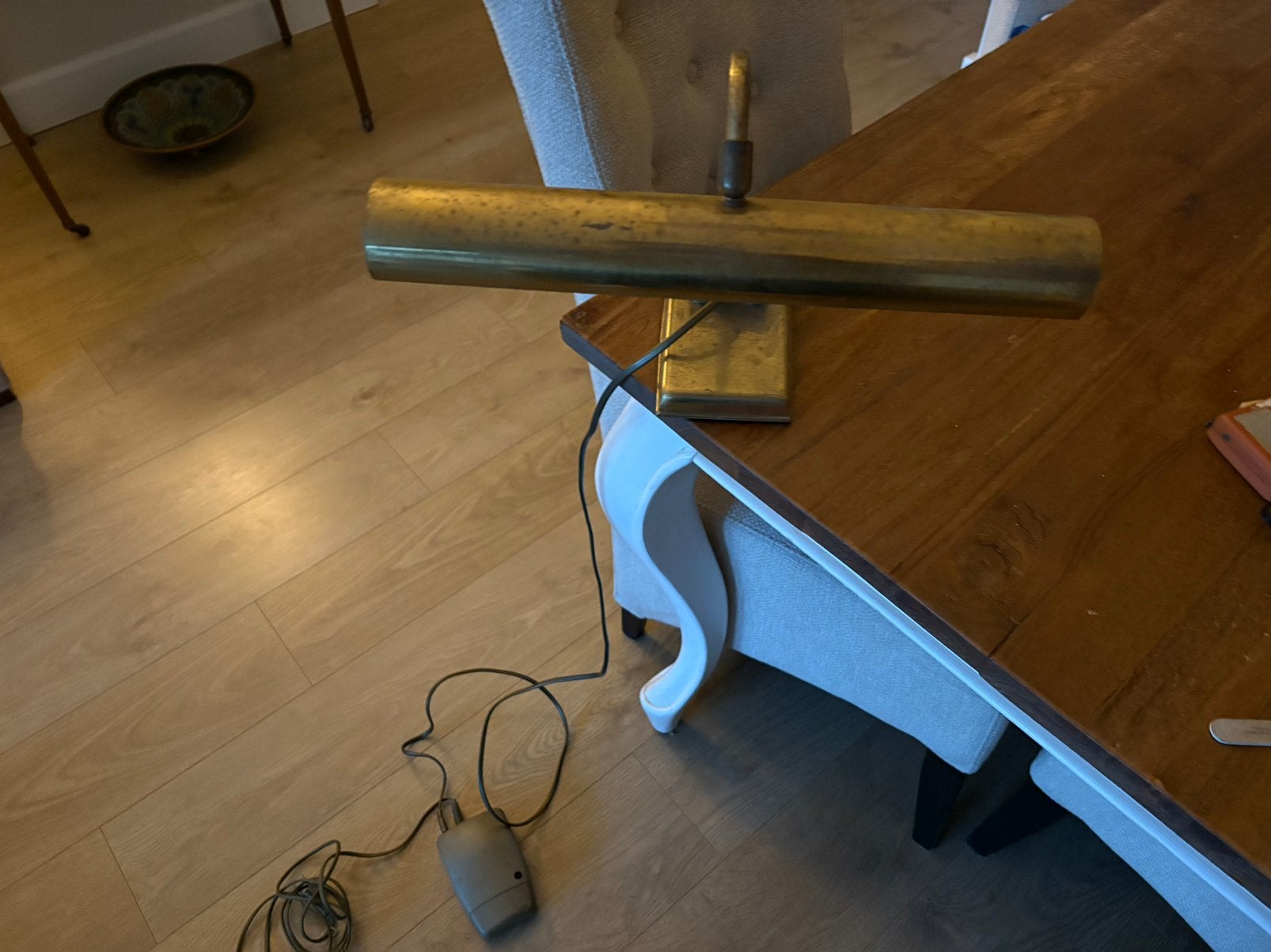 Vintage messing bureaulamp / pianolamp met voetschakelaar, Huis en Inrichting, Lampen | Tafellampen, Ophalen of Verzenden, Gebruikt