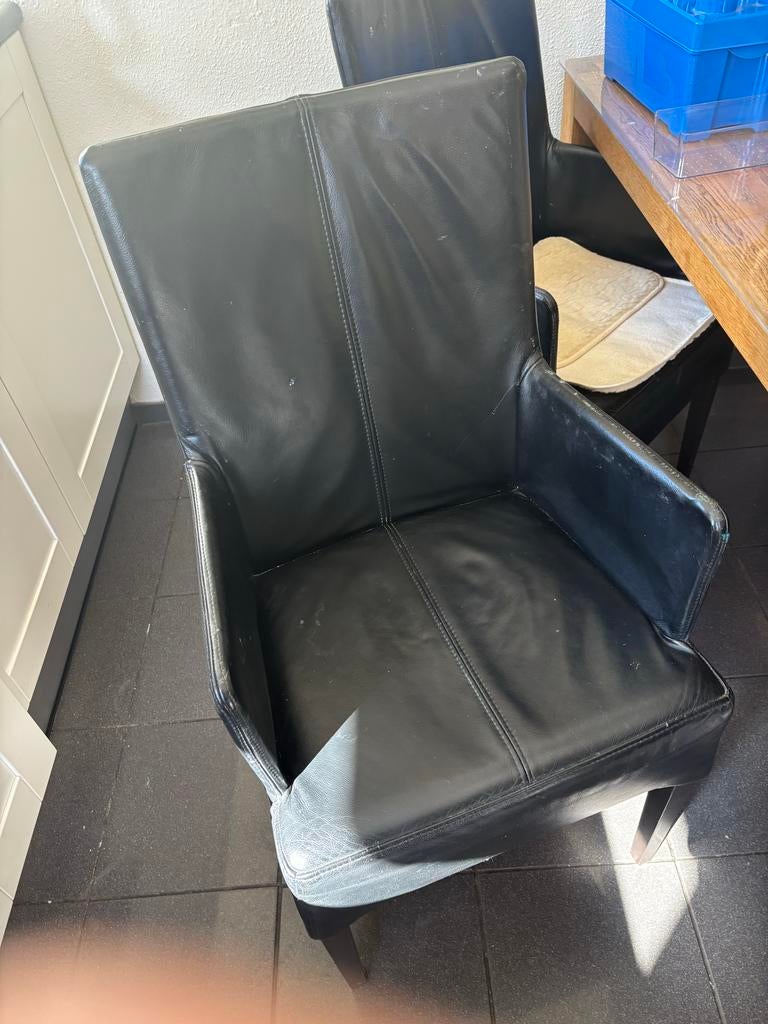 Donkere leren eetkamerstoelen, Huis en Inrichting, Stoelen, Gebruikt, Overige kleuren, Leer, Ophalen of Verzenden