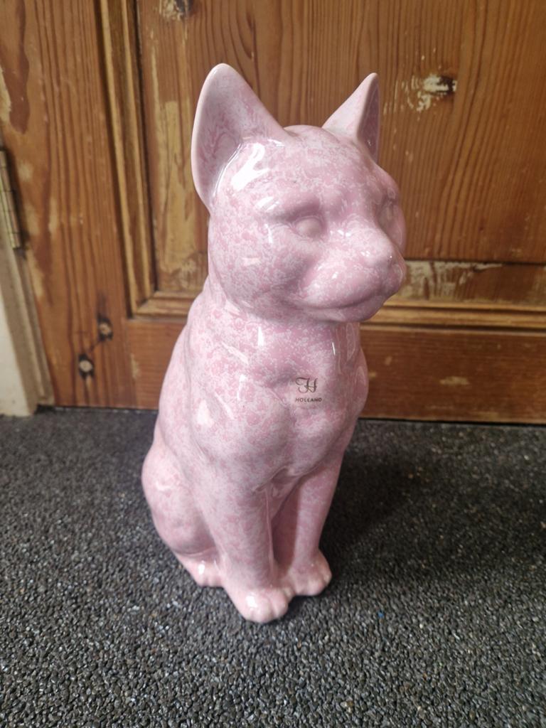Vintage Roze keramieken kattenbeeldje, H Holland, Ophalen of Verzenden, Gebruikt, Hond of Kat, Beeldje of Figuurtje